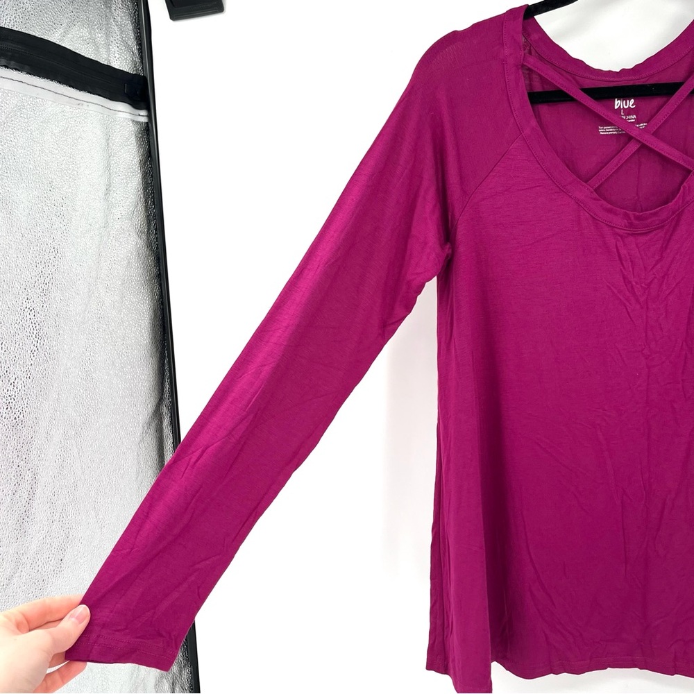 CASCADE BLUE Long Sleeve Top Cross Straps NWT L Berry Pink Stretch Active Women - Picture 2 of 5